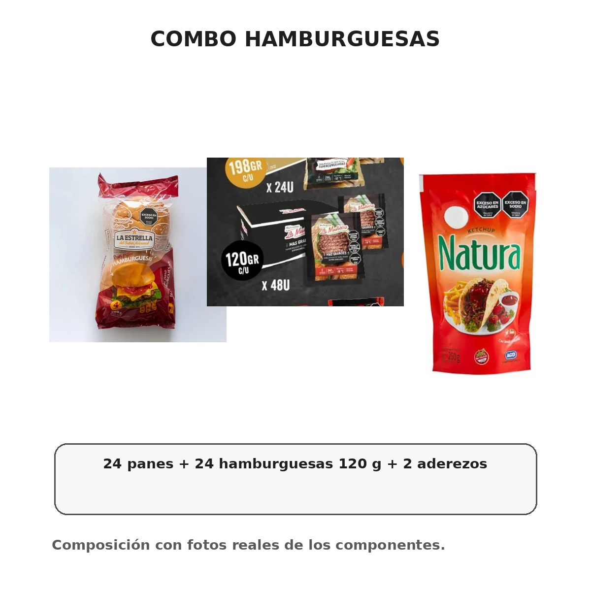 24 panes + 24 hamburguesas 120 g + 2 aderezos Combo