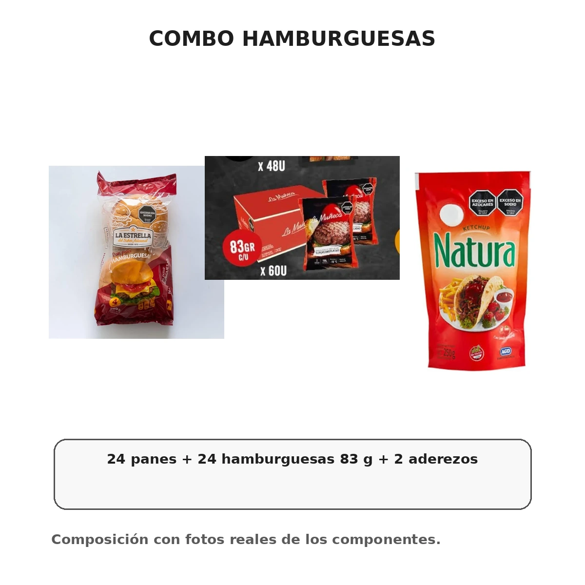 24 panes + 24 hamburguesas 83 g + 2 aderezos Combo